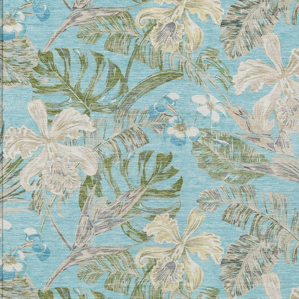 HomeRoots 5' Indoor Outdoor Botanical Leaves Area Rug in Teal Blue, Olive Green & Beige - Durable & Washable 10' X 14' 618417