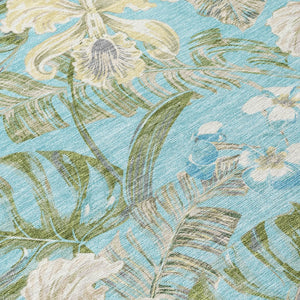 HomeRoots 5' Indoor Outdoor Botanical Leaves Area Rug in Teal Blue, Olive Green & Beige - Durable & Washable 10' X 14' 618417