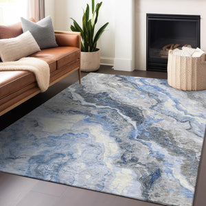 Homeroots 3' Botanical Leaves Washable Area Rug – Stylish Indoor Outdoor Accent For Home & Patio Spaces Blue Polyester 618418