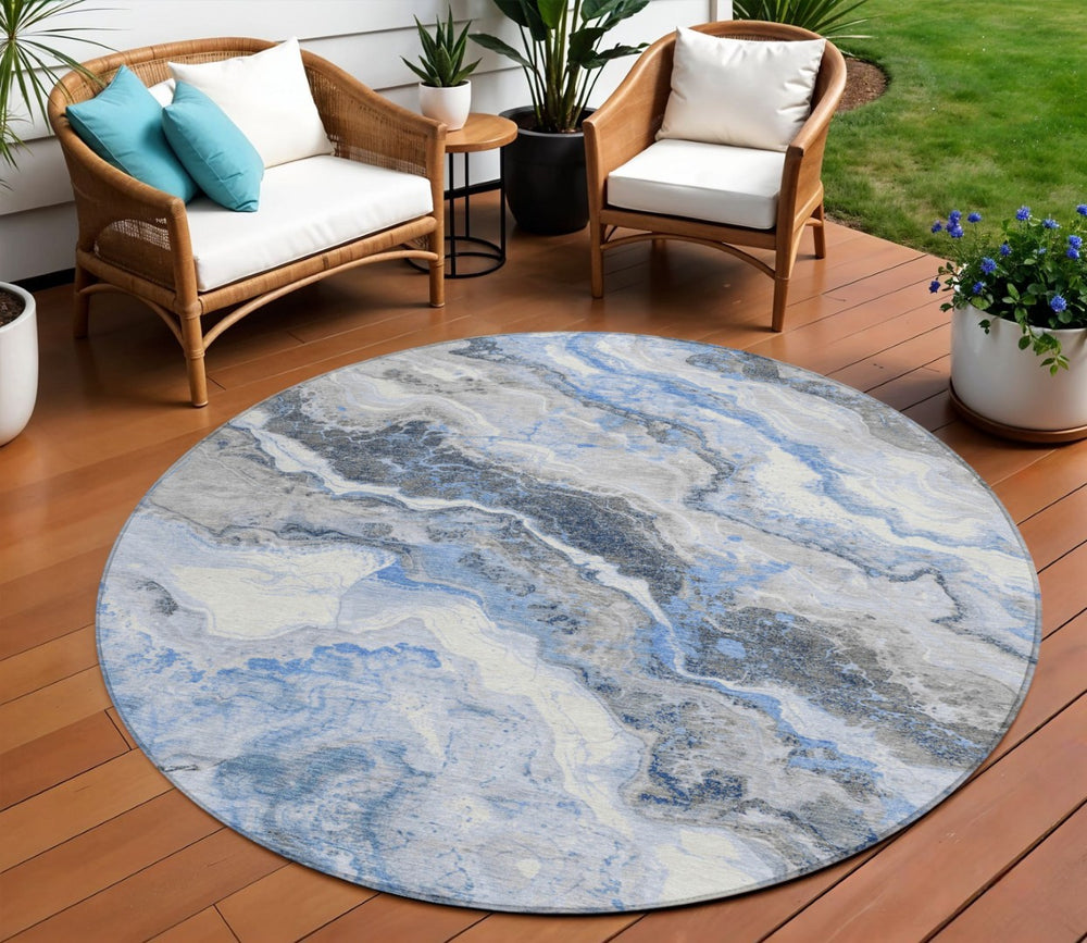 HomeRoots 5' Stylish Blue and Silver Abstract Rug - Durable, Washable for Indoor/Outdoor High-Traffic Areas 8' Round 618420