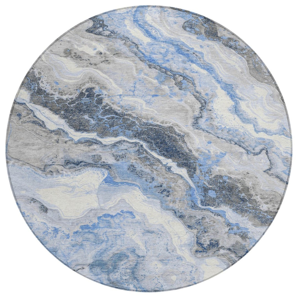 HomeRoots 5' Stylish Blue and Silver Abstract Rug - Durable, Washable for Indoor/Outdoor High-Traffic Areas 8' Round 618420