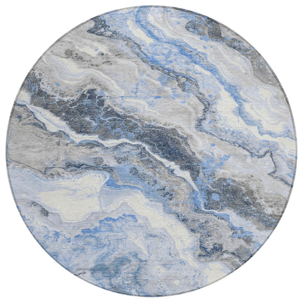 HomeRoots 5' Stylish Blue and Silver Abstract Rug - Durable, Washable for Indoor/Outdoor High-Traffic Areas 8' Round 618420