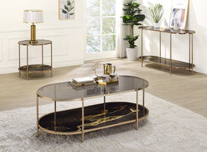 English Elm Fiorella Metal Frame Coffee Table with Glass Top and Champagne Finish, Marbled Lower Shelf Accent Black 29 L x 26 W x 6 H B2726P251674
