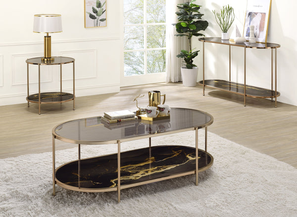 English Elm Fiorella Metal Frame Coffee Table with Glass Top and Champagne Finish, Marbled Lower Shelf Accent Black 29 L x 26 W x 6 H B2726P251674