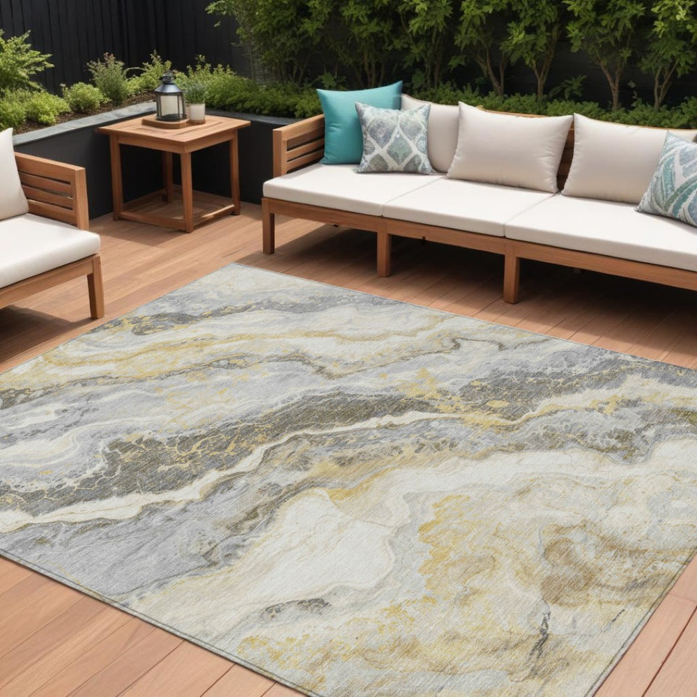 HomeRoots 5' Gold and Silver Abstract Area Rug - Stylish, Washable, and Durable for Indoor and Outdoor Spaces 9' X 12' 618428