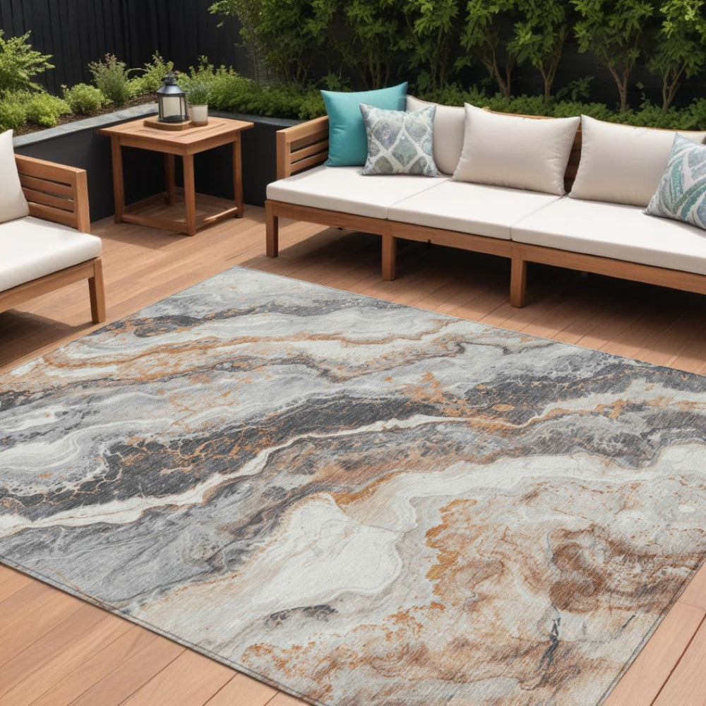 HomeRoots 5' Silver and Copper Abstract Area Rug - Modern, Washable, Durable Design for Indoor & Outdoor Use 8' X 10' 618433
