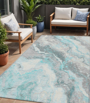 Homeroots 3' Botanical Leaves Washable Area Rug – Stylish Indoor Outdoor Accent For Home & Patio Spaces Teal Polyester 618437