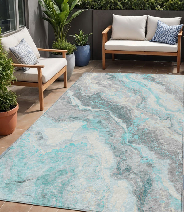Homeroots 3' Botanical Leaves Washable Area Rug – Stylish Indoor Outdoor Accent For Home & Patio Spaces Teal Polyester 618437