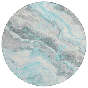 HomeRoots 5' Teal Blue and Silver Abstract Area Rug - Stylish, Washable, Durable for Indoor and Outdoor Use 8' Round 618438
