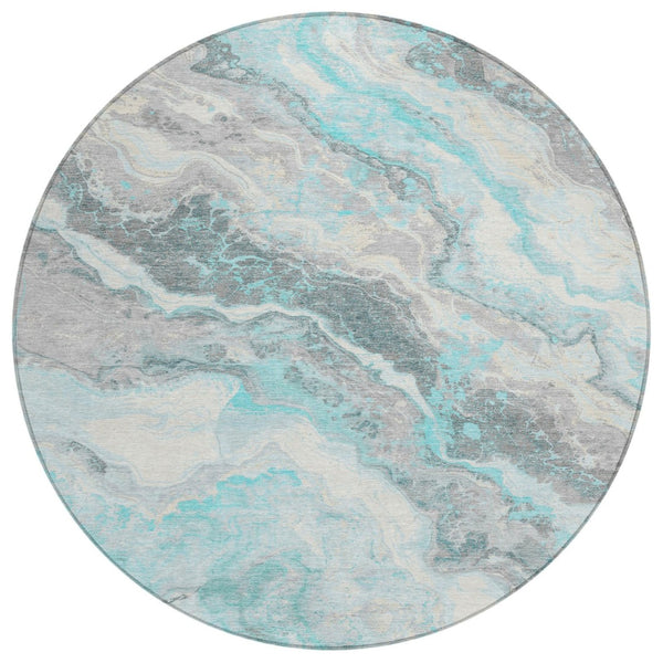 HomeRoots 5' Teal Blue and Silver Abstract Area Rug - Stylish, Washable, Durable for Indoor and Outdoor Use 8' Round 618438
