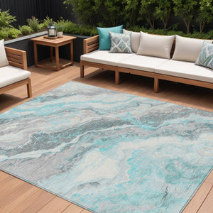 Homeroots 3' Botanical Leaves Washable Area Rug – Stylish Indoor Outdoor Accent For Home & Patio Spaces Teal Polyester 618439