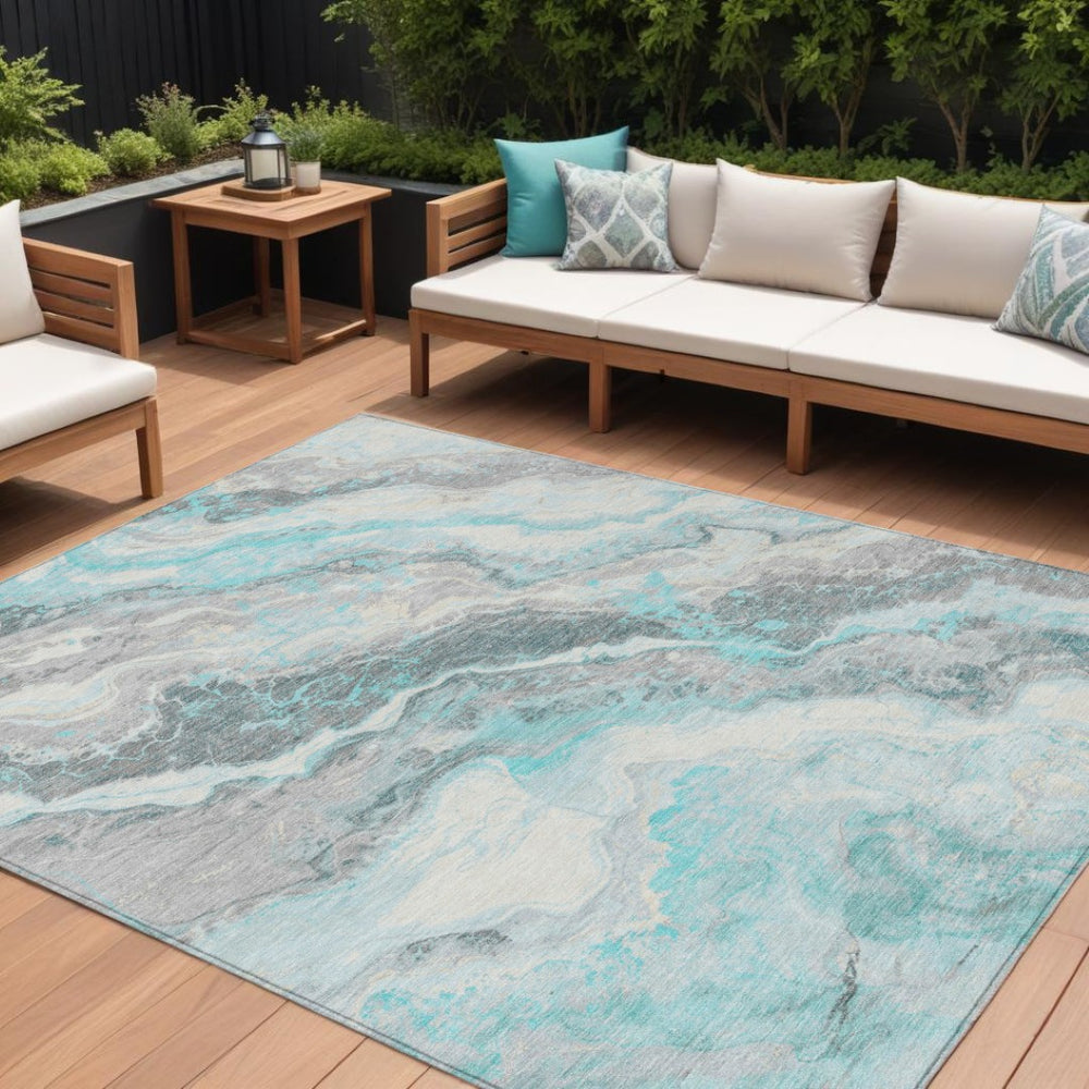 HomeRoots 5' Teal Blue and Silver Abstract Area Rug - Stylish, Washable, Durable for Indoor and Outdoor Use 10' X 14' 618441