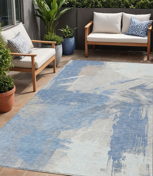 Homeroots 3' Washable Indoor Outdoor Area Rug In Abstract Design - Durable, Stain Resistant, And Stylish! Denim Polyester 618461