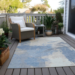 Homeroots 3' Washable Indoor Outdoor Area Rug In Abstract Design - Durable, Stain Resistant, And Stylish! Denim Polyester 618461