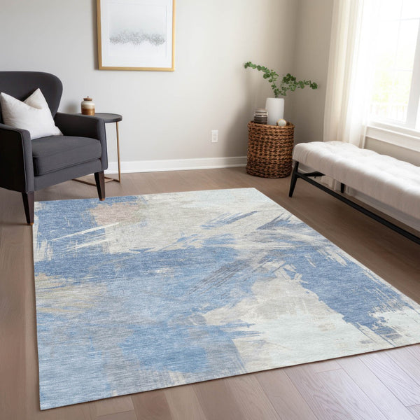 Homeroots 3' Washable Indoor Outdoor Area Rug In Abstract Design - Durable, Stain Resistant, And Stylish! Denim Polyester 618461