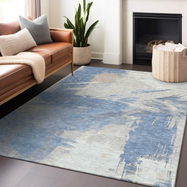 Homeroots 3' Washable Indoor Outdoor Area Rug In Abstract Design - Durable, Stain Resistant, And Stylish! Denim Polyester 618465