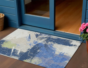 Homeroots 3' Washable Indoor Outdoor Area Rug In Abstract Design - Durable, Stain Resistant, And Stylish! Navy Polyester 618472