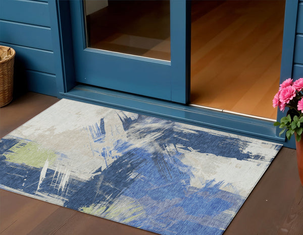 Homeroots 3' Washable Indoor Outdoor Area Rug In Abstract Design - Durable, Stain Resistant, And Stylish! Navy Polyester 618472