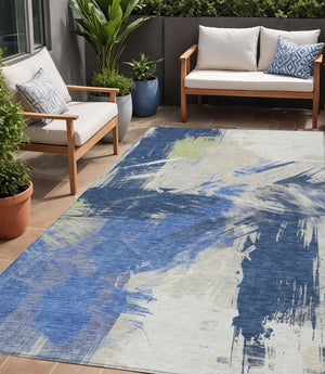 Homeroots 3' Washable Indoor Outdoor Area Rug In Abstract Design - Durable, Stain Resistant, And Stylish! Navy Polyester 618473