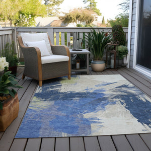 Homeroots 3' Washable Indoor Outdoor Area Rug In Abstract Design - Durable, Stain Resistant, And Stylish! Navy Polyester 618473
