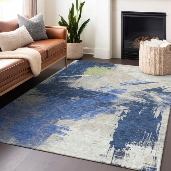 Homeroots 3' Washable Indoor Outdoor Area Rug In Abstract Design - Durable, Stain Resistant, And Stylish! Navy Polyester 618476