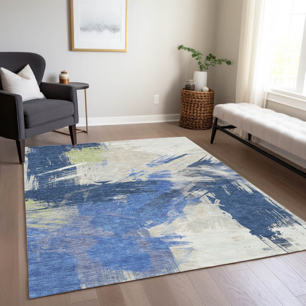 Homeroots 3' Washable Indoor Outdoor Area Rug In Abstract Design - Durable, Stain Resistant, And Stylish! Navy Polyester 618476