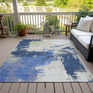 Homeroots 3' Washable Indoor Outdoor Area Rug In Abstract Design - Durable, Stain Resistant, And Stylish! Navy Polyester 618476