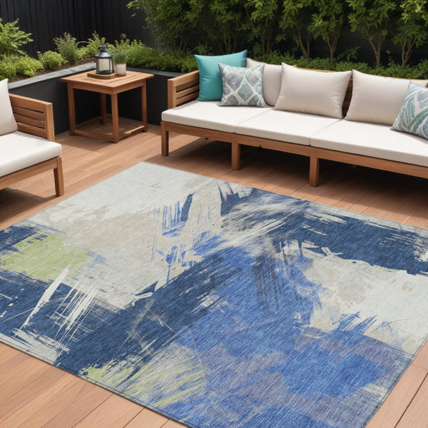 Homeroots 3' Washable Indoor Outdoor Area Rug In Abstract Design - Durable, Stain Resistant, And Stylish! Navy Polyester 618477