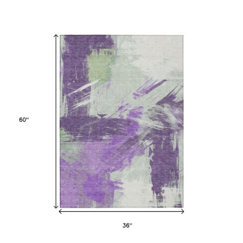 Homeroots 3' Washable Indoor Outdoor Area Rug In Abstract Design - Durable, Stain Resistant, And Stylish! Purple Polyester 618484