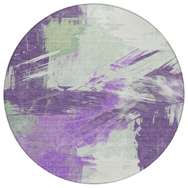 HomeRoots 5' Washable Abstract Area Rug in Bold Purple, Mint Green & Ivory for Indoor or Outdoor Spaces 8' Round 618486