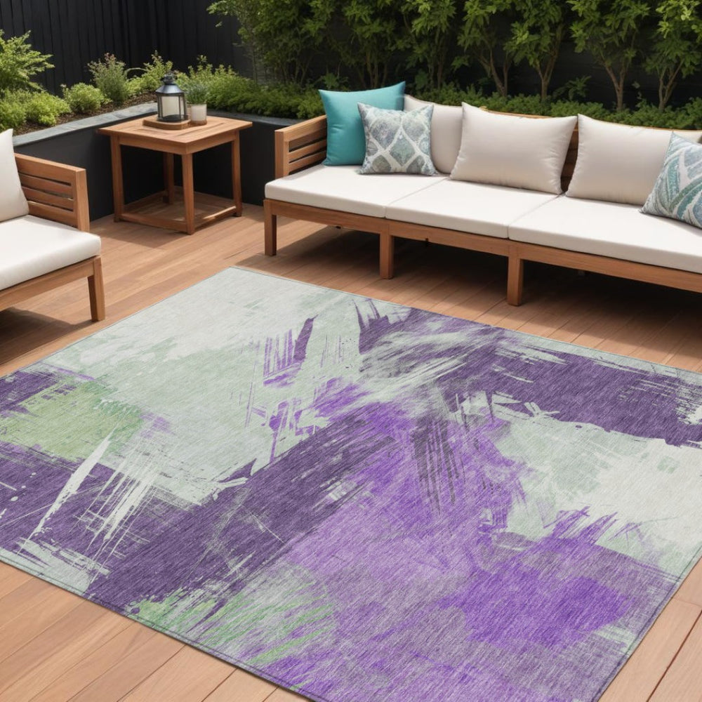 HomeRoots 5' Washable Abstract Area Rug in Bold Purple, Mint Green & Ivory for Indoor or Outdoor Spaces 9' X 12' 618488