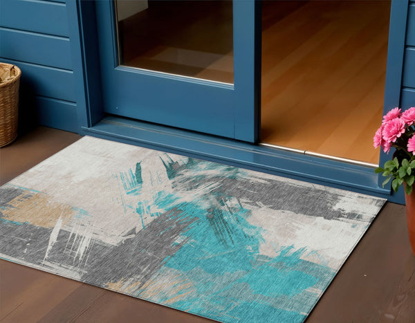 Homeroots 3' Washable Indoor Outdoor Area Rug In Abstract Design - Durable, Stain Resistant, And Stylish! Teal Polyester 618490