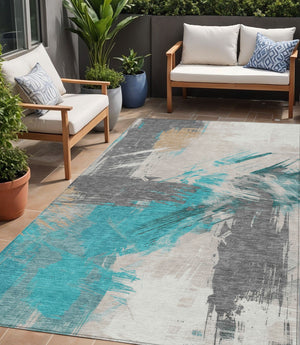 Homeroots 3' Washable Indoor Outdoor Area Rug In Abstract Design - Durable, Stain Resistant, And Stylish! Teal Polyester 618491