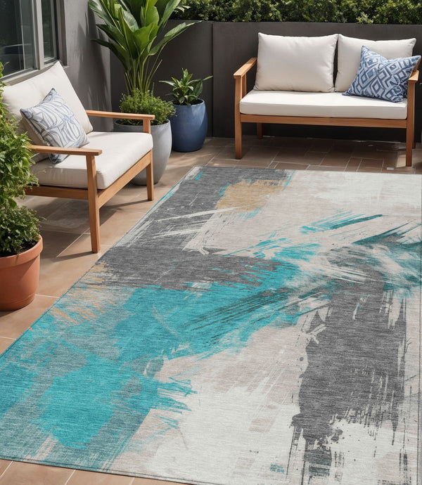 Homeroots 3' Washable Indoor Outdoor Area Rug In Abstract Design - Durable, Stain Resistant, And Stylish! Teal Polyester 618491