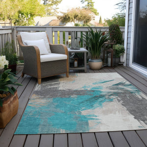 Homeroots 3' Washable Indoor Outdoor Area Rug In Abstract Design - Durable, Stain Resistant, And Stylish! Teal Polyester 618491