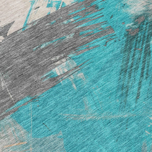 Homeroots 3' Washable Indoor Outdoor Area Rug In Abstract Design - Durable, Stain Resistant, And Stylish! Teal Polyester 618491