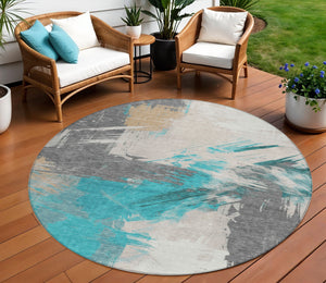 Homeroots 3' Washable Indoor Outdoor Area Rug In Abstract Design - Durable, Stain Resistant, And Stylish! Teal Polyester 618492