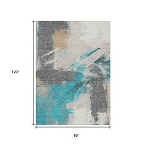 Homeroots 3' Washable Indoor Outdoor Area Rug In Abstract Design - Durable, Stain Resistant, And Stylish! Teal Polyester 618493