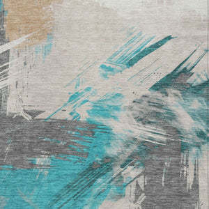 Homeroots 3' Washable Indoor Outdoor Area Rug In Abstract Design - Durable, Stain Resistant, And Stylish! Teal Polyester 618493