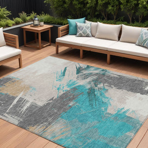 Homeroots 3' Washable Indoor Outdoor Area Rug In Abstract Design - Durable, Stain Resistant, And Stylish! Teal Polyester 618494