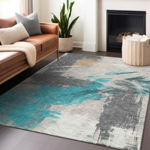 Homeroots 3' Washable Indoor Outdoor Area Rug In Abstract Design - Durable, Stain Resistant, And Stylish! Teal Polyester 618494