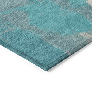 Homeroots 3' Washable Indoor Outdoor Area Rug In Abstract Design - Durable, Stain Resistant, And Stylish! Teal Polyester 618495