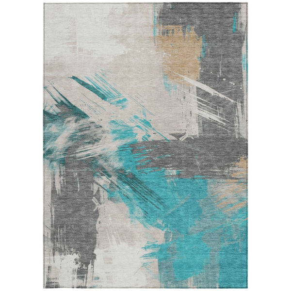 Homeroots 3' Washable Indoor Outdoor Area Rug In Abstract Design - Durable, Stain Resistant, And Stylish! Teal Polyester 618495