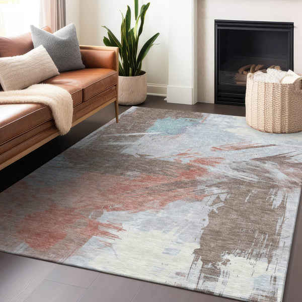 Homeroots 3' Washable Indoor Outdoor Area Rug In Abstract Design - Durable, Stain Resistant, And Stylish! Taupe Polyester 618497