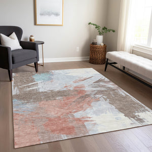 Homeroots 3' Washable Indoor Outdoor Area Rug In Abstract Design - Durable, Stain Resistant, And Stylish! Taupe Polyester 618499