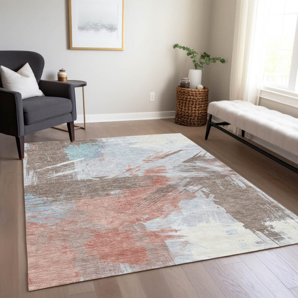 Homeroots 3' Washable Indoor Outdoor Area Rug In Abstract Design - Durable, Stain Resistant, And Stylish! Taupe Polyester 618499