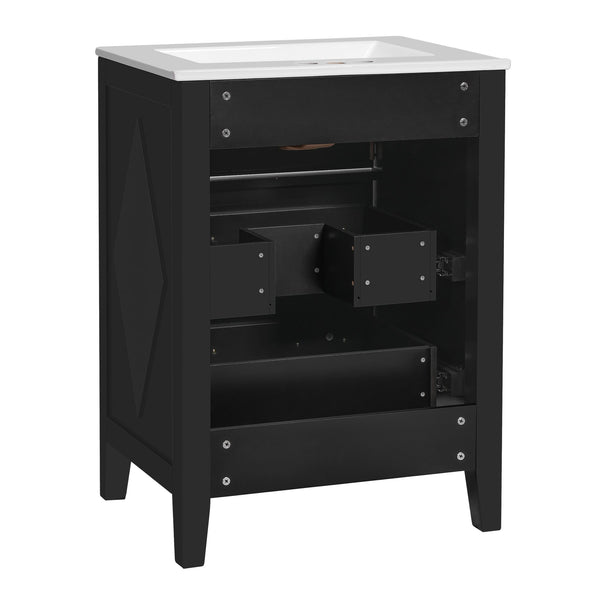 English Elm 24'' Bathroom Vanity with Ceramic Sink and 3 Drawers Retro Solid Wood Frame Freestanding Storage Black N710P371184B