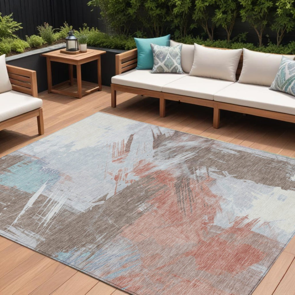 HomeRoots 5' Stylish Taupe Copper and Ivory Abstract Washable Area Rug for Indoor and Outdoor Spaces 10' X 14' 618501