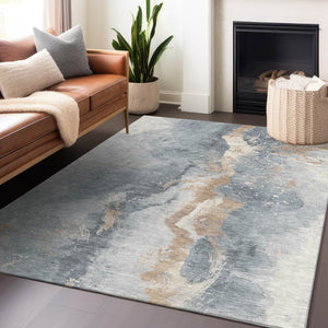 Homeroots 3' Abstract Gold Washable Indoor Outdoor Area Rug - Stylish Durability For Home And Garden Spaces Gray Polyester 618509