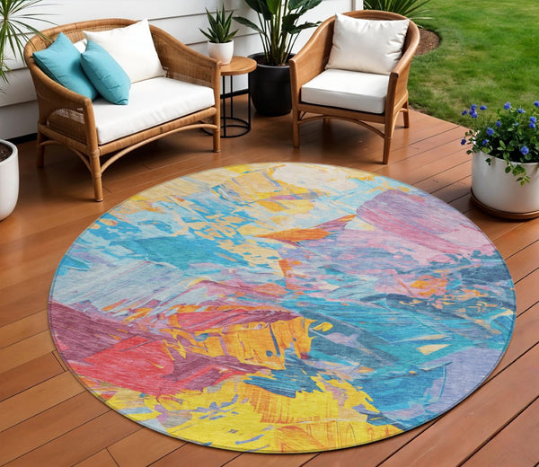 HomeRoots 5' Vibrant Abstract Area Rug – Modern Washable Indoor/Outdoor Design for High-Traffic Spaces 8' Round 618534
